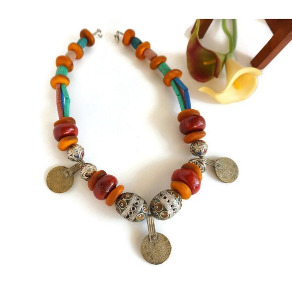 Berber Coin Necklace: Enamel & Copal Beads, Moroccan Tribal Style - Picture 5 of 10